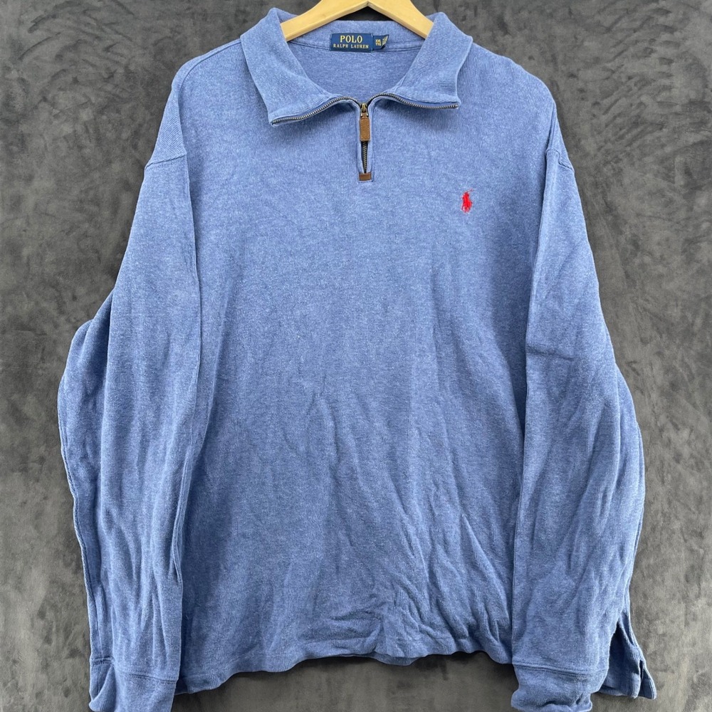 Polo Ralph Lauren Mens XXL Blue Quarter Zip Pullover Sweater Red Pony Logo